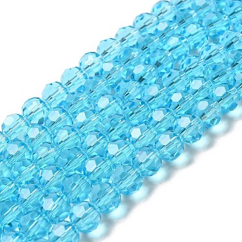 Transparent Glass Beads, Faceted(32 Facets), Round, Cyan, 8mm, Hole: 1mm, about 72pcs/strand, 20.67 inch(52.5cm)