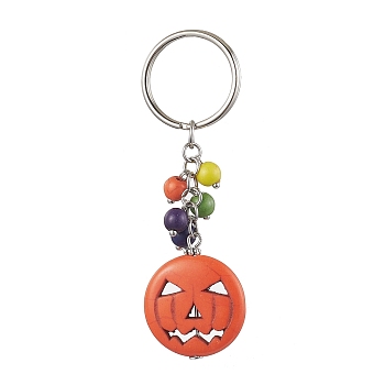 Halloween Synthetic Turquoise Keychains, with Iron Split Key Rings, Pumpkin, Platinum, 7.85cm