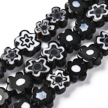 Handmade Millefiori Glass Bead Strands, Flower, Black, 6.4~9x3.2mm, Hole: 1mm, about 56pcs/Strand, 15.75''(40cm)