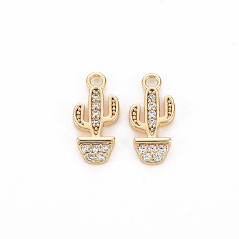 Brass Micro Pave Clear Cubic Zirconia Charms, Nickel Free, Cactus, Real 18K Gold Plated, 13.5x6x1.5mm, Hole: 1.5mm