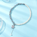 Synthetic Non-magnetic Hematite Chip with Potato Natural Pearl Beaded Necklaces, Heart 316 Stainless Steel Locket Pendant OT Necklaces, Stainless Steel Color, 16.93 inch(43cm)(NJEW-JN05894-01)