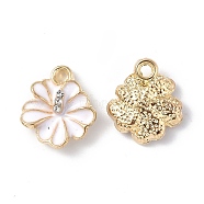 Alloy Enamel Charms, with Rhinestone, Light Gold, Flower Charm, White, 14x12x4mm, Hole: 1.6mm(FIND-E031-03C)