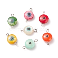 Natural Freshwater Shell Connector Charms, with Platinum Iron Double Loops, Flat Round with Evil Eye, Dyed, Mixed Color, 17x10x5mm, Hole: 1.8mm(PALLOY-JF01691)