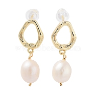 Natural Pearl Dangle Stud Earrings, with Brass Findings and 925 Sterling Silver Pins, Oval, Real 14K Gold Plated, 26.5x10mm(EJEW-P256-34G)