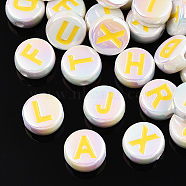 UV Plating Enamel Acrylic Beads, Iridescent, Mixed Letter, Flat Round, Yellow, 15x7mm, Hole: 2.2mm(PACR-N015-01H)