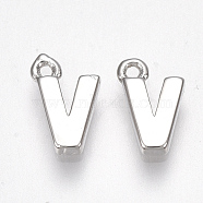 Brass Charms, Letter, Nickel Free, Real Platinum Plated, Letter.V, 8.5x5.5x1.5mm, Hole: 0.8mm(KK-S350-167V-P)