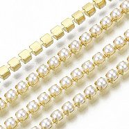 Brass Claw Chains, with ABS Plastic Imitation Pearl Beads, with Spool, Golden, SS12, 3~3.2mm, about 10yards/roll(9.14m/roll)(CHC-Q012-SS12-01G)