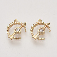 Brass Cubic Zirconia Charms, Real 18K Gold Plated, Half Round Ring & Heart & Arrow, Clear, Nickel Free, 13x9.5x2mm, Hole: 0.7mm(KK-N216-16)