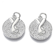 Brass Micro Pave Cubic Zirconia Pendants, Nickel Free, with Jump Rings, Valentine's Day, Flat Round with Holding Hands, Clear, Real Platinum Plated, 19x16x3mm, Jump Ring: 5.5x0.8mm, inner diameter: 3mm(ZIRC-S061-167P-NF)