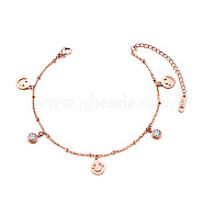 SHEGRACE Brass Charm Anklet, with Cubic Zirconia and Cable Chains, Smile Face, Rose Gold, 7-1/2 inch(19cm)(JA96A)