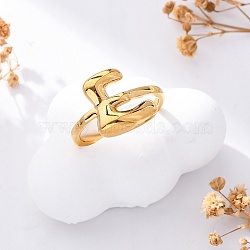 304 Stainless Steel Open Cuff Rings for Women, Letter, Real 18K Gold Plated, Letter E, 13~14x7~15mm(RJEW-M060-01G-05)