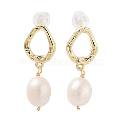 Natural Pearl Dangle Stud Earrings, with Brass Findings and 925 Sterling Silver Pins, Oval, Real 14K Gold Plated, 26.5x10mm(EJEW-P256-34G)