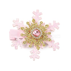 Christmas Party Hair Accessories, Snowflake Cloth Rhinestone Alligator Hair Clip, with Iron Clip, Pearl Pink, 63.7x59.7x13.8mm(AJEW-S088-08A)