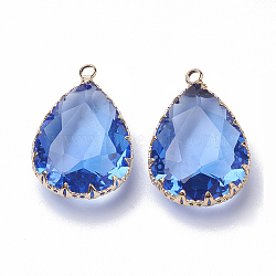 K9 Glass Pendants, with Golden Tone Brass Findings, Faceted, Drop, Royal Blue, 29~30x19x6~8.5mm, Hole: 2mm(GLAA-Q069-06G)