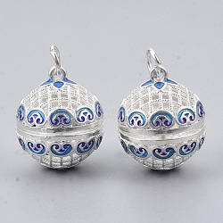 Rack Plating Brass Cage Pendants, For Chime Ball Pendant Necklaces Making, with Enamel and Iron Jump Rings, Hollow Round with Flower, Silver Color Plated, 21.5x18x20.5mm, Hole: 4mm, inner measure: 15.5mm(KK-T053-02S)