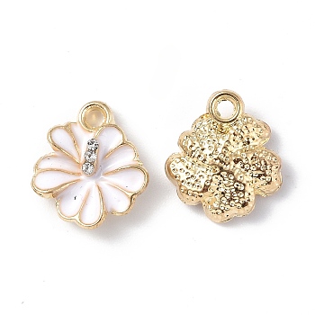 Alloy Enamel Charms, with Rhinestone, Light Gold, Flower Charm, White, 14x12x4mm, Hole: 1.6mm
