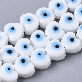 Handmade Evil Eye Lampwork Beads Strands, Heart, White, 9~10x11x7~8mm, Hole: 2mm, about 30pcs/strand, 11.02 inch(28cm)