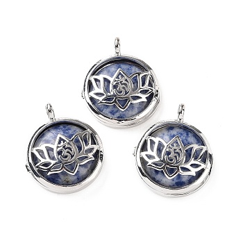 Natural Blue Spot Jasper Locket Pendants, Flat Round Charms, with Platinum Plated Brass Lotus Findings, 31.5x27x9mm, Hole: 4.6mm
