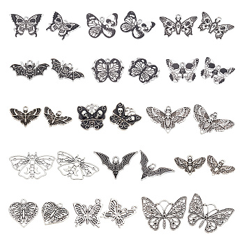45pcs 15 styles Halloween Alloy Enamel & Tibetan Style Pendants, Butterfly with Skull & Moth & Bat Charm, Antique Silver, 13.5~39x20~45.5x2~4mm, Hole: 1.2~10x8mm, 3pcs/style