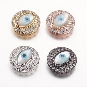 Brass Micro Pave Cubic Zirconia Multi-strand Links, with Shell, Flat Round and Evil Eye, Mixed Color, 15.5x6mm, Hole: 1mm