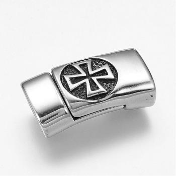304 Stainless Steel Magnetic Clasps with Glue-in Ends, Rectangle with Cross, Antique Silver, 29.5x16x10mm, Hole: 7x13mm