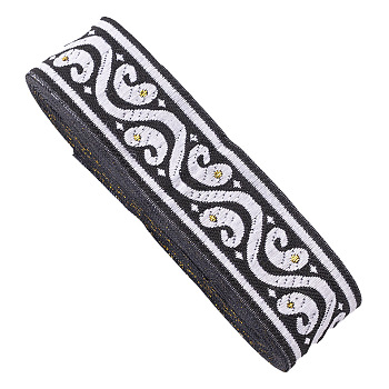 Ethnic Style Embroidery Flower Polyester Ribbon, Flat, Clothes Accessories, Black, 1-1/4 inch(33mm), about 7.66 Yards(7m)/pc