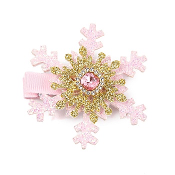 Christmas Party Hair Accessories, Snowflake Cloth Rhinestone Alligator Hair Clip, with Iron Clip, Pearl Pink, 63.7x59.7x13.8mm