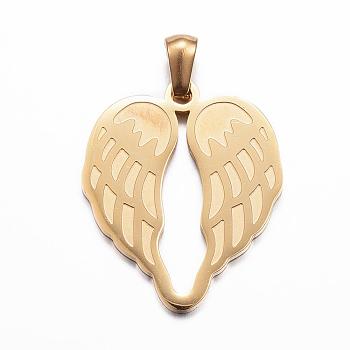 Ion Plating(IP) 304 Stainless Steel Pendants, Wing, Golden, 26.5x22x1.5mm, Hole: 3x5mm