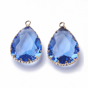K9 Glass Pendants, with Golden Tone Brass Findings, Faceted, Drop, Royal Blue, 29~30x19x6~8.5mm, Hole: 2mm