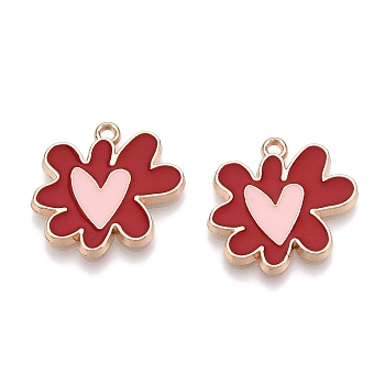 Rack Plating Alloy Enamel Pendants, Golden, Flower with Heart Charm, FireBrick, 18.5x20.5x1.5mm, Hole: 1.6mm