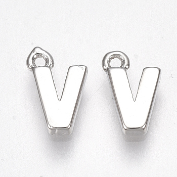 Brass Charms, Letter, Nickel Free, Real Platinum Plated, Letter.V, 8.5x5.5x1.5mm, Hole: 0.8mm