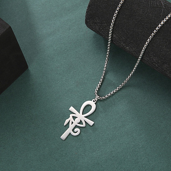 Egyptian 304 Stainless Steel Eye of Ra Ankh Cross Pendant Box Chain Necklaces, Non-Tarnish, Stainless Steel Color, 23.62 inch(60cm)