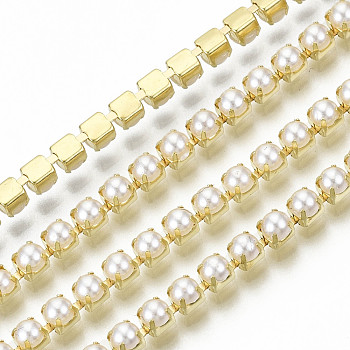 Brass Claw Chains, with ABS Plastic Imitation Pearl Beads, with Spool, Golden, SS12, 3~3.2mm, about 10yards/roll(9.14m/roll)