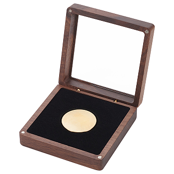 Square Wooden Single Coin Presentation Boxes, Magnetic Commemorative Coin Badge Display Gift Case with Plastic Visibal Windows, Coconut Brown, 10.3x10.3x3.9cm