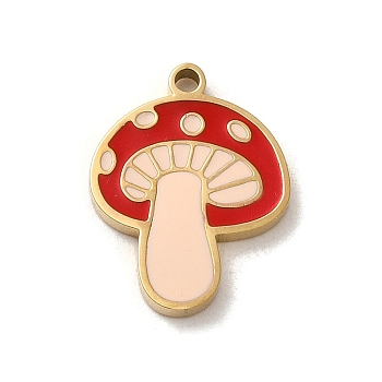 304 Stainless Steel Pendants, with Enamel, Mushroom Charm, Real 14K Gold Plated, 16x12x1.5mm, Hole: 1.4mm