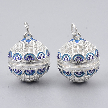 Rack Plating Brass Cage Pendants, For Chime Ball Pendant Necklaces Making, with Enamel and Iron Jump Rings, Hollow Round with Flower, Silver Color Plated, 21.5x18x20.5mm, Hole: 4mm, inner measure: 15.5mm