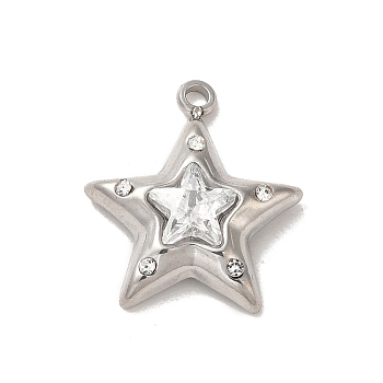 304 Stainless Steel Pendants, with Rhinestone and Glass, Star Charm, Stainless Steel Color, 18x15.5x5mm, Hole: 1.5mm