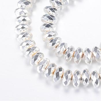 Electroplate Non-magnetic Synthetic Hematite Bead Strands, Rondelle, Faceted, Silver Plated, 7.5~8x4mm, Hole: 1~1.5mm, about 101pcs/strand, 15.7 inch