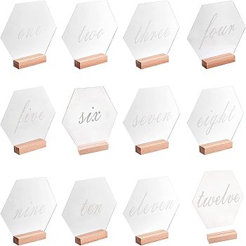 Display Decorations, Including 24Pcs Rectangle Beechwood Name Card Holder, Hexagon with English Number Acrylic Desk Signs & Name Plate, White, 100x30x20.5mm, 24pcs/bag