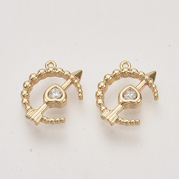 Brass Cubic Zirconia Charms, Real 18K Gold Plated, Half Round Ring & Heart & Arrow, Clear, Nickel Free, 13x9.5x2mm, Hole: 0.7mm