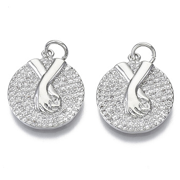 Brass Micro Pave Cubic Zirconia Pendants, Nickel Free, with Jump Rings, Valentine's Day, Flat Round with Holding Hands, Clear, Real Platinum Plated, 19x16x3mm, Jump Ring: 5.5x0.8mm, inner diameter: 3mm