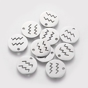 304 Stainless Steel Charms, Flat Round with Constellation/Zodiac Sign, Aquarius, 12x1mm, Hole: 1.5mm