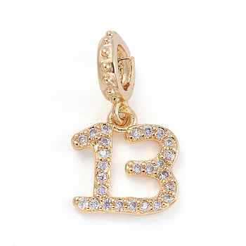 Brass Micro Pave Cubic Zirconia European Dangle Charms, Large Hole Pendants, Letter B, Clear, Golden, 18.5mm, Pendant: 10.5x10x1.5mm, Hole: 4mm