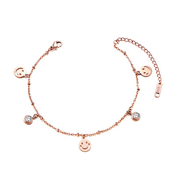 SHEGRACE Brass Charm Anklet, with Cubic Zirconia and Cable Chains, Smile Face, Rose Gold, 7-1/2 inch(19cm)
