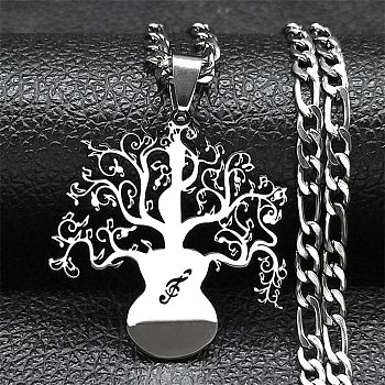 304 Stainless Steel Necklaces, Tree of Life Pendant Necklaces, Stainless Steel Color, 20.20 inch(51.3cm)