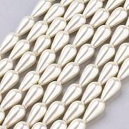 Glass Pearl Beads, Painted, Teardrop, Floral White, 16x8mm, Hole: 1mm, about 24pcs/strand(X-HY-AB426-EM107)