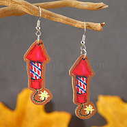 Independence Day Air Rocket Spacecraft Wooden Dangle Earrings, Red(RJ9361-1)