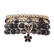 4Pcs 4 Style Natural Larvikite & Lava Rock Round Beaded Stretch Bracelets Set, Glass & Alloy Stackable Bracelets with Butterfly & Flower Charms, Inner Diameter: 2 inch(5~5.2cm), 1Pc/style(BJEW-JB09828)