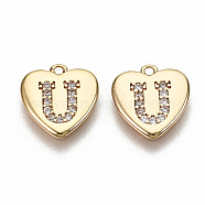 Brass Micro Pave Clear Cubic Zirconia Charms, Nickel Free, Real 18K Gold Plated, Flat Heart, Letter.U, 10x10x1mm, Hole: 1mm(KK-N231-234U-NF)