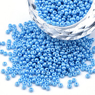 11/0 Czech Opaque Glass Seed Beads, Lustered, Round, Deep Sky Blue, 2.2x1.5mm, Hole: 0.7mm, about 500g/bag(SEED-N004-003B-17)